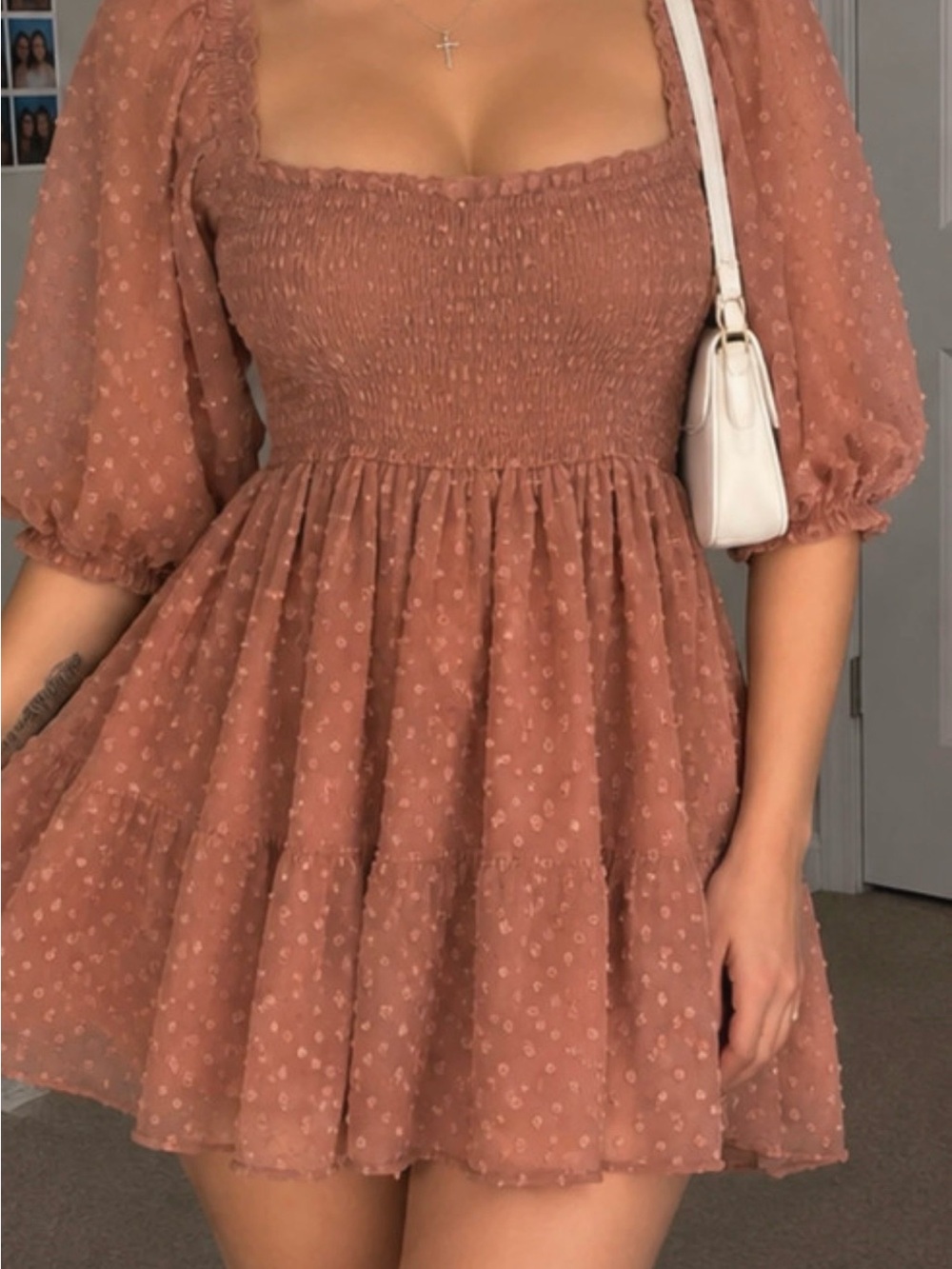 Mimi Chica Ditsy Swiss-Dot Smocked Mini Dress in Rusty Terracotta